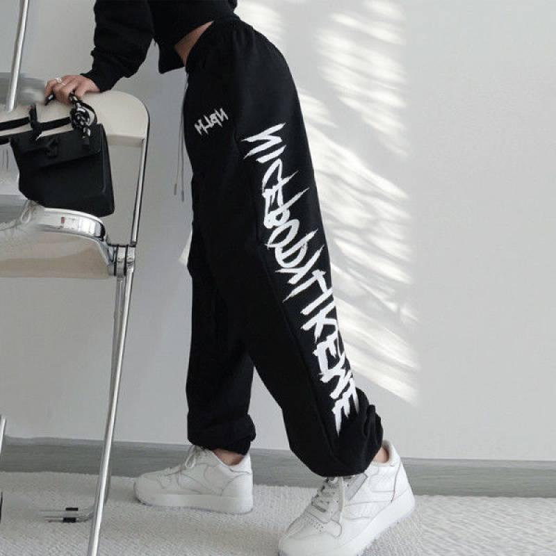 Womens Bottoms Black Drawstring Printing Sweatpants - Amazitshop