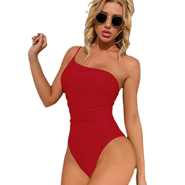 Women's Candy One Shoulder Solid One Piece Swimsuit - Amazitshop