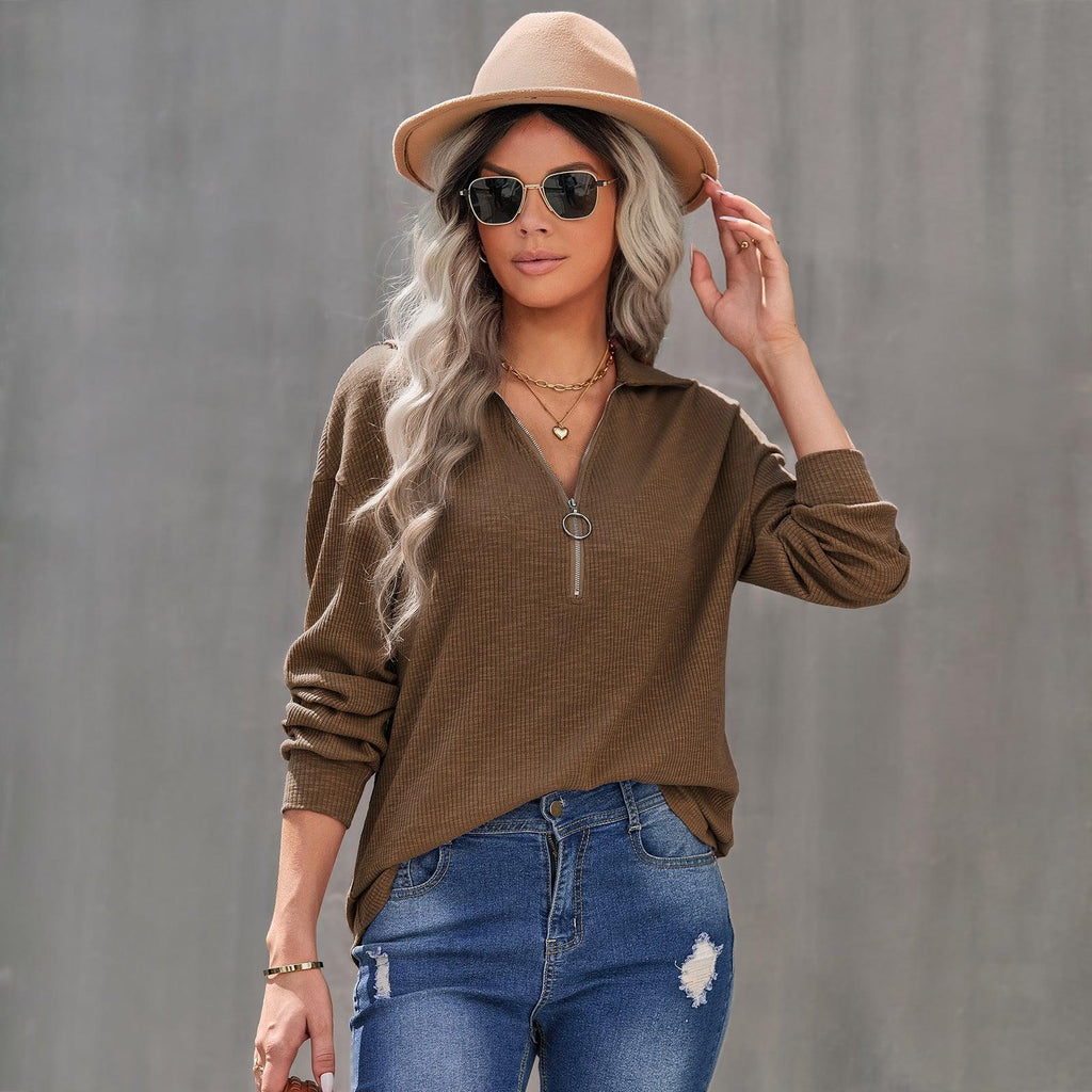 Women's Casual Lapel Pullover Knit Tops - Amazitshop
