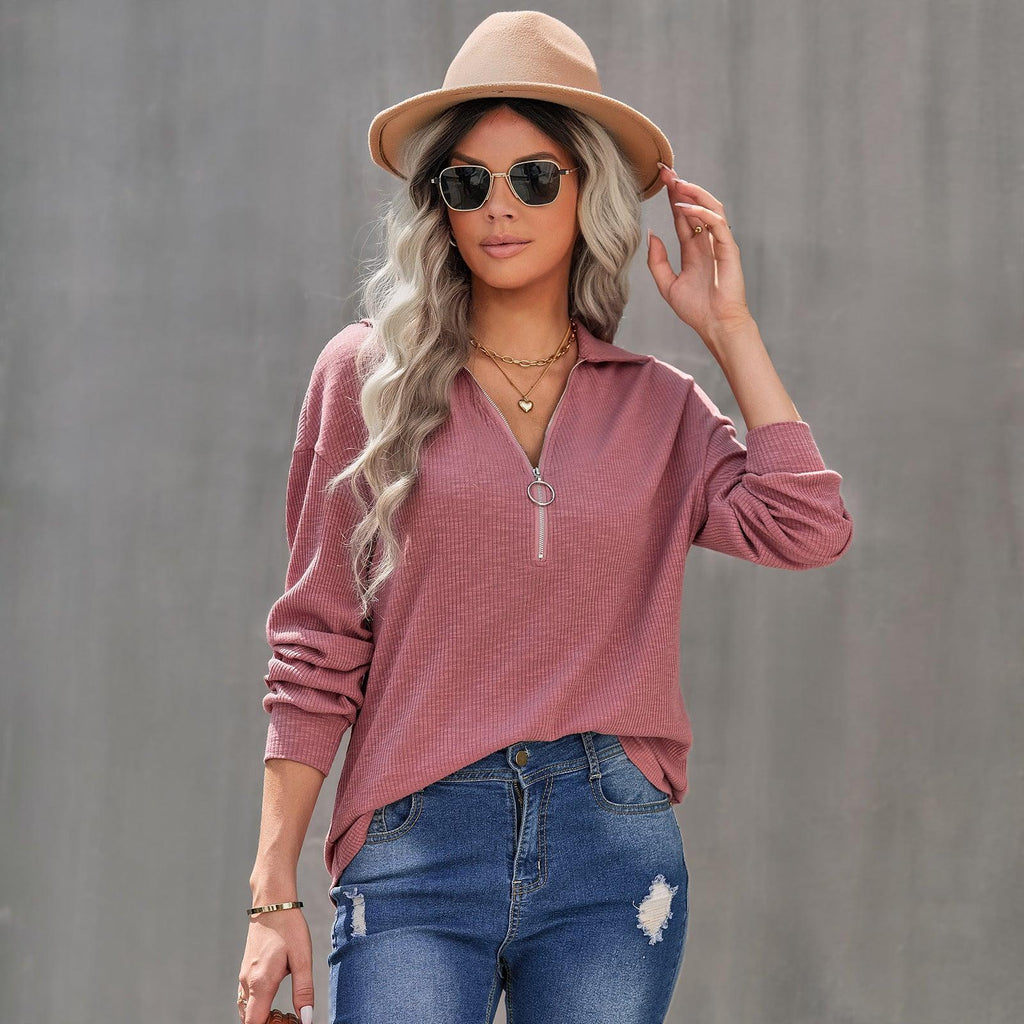 Women's Casual Lapel Pullover Knit Tops - Amazitshop