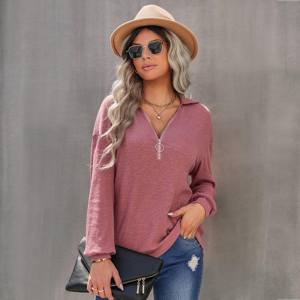 Women's Casual Lapel Pullover Knit Tops - Amazitshop