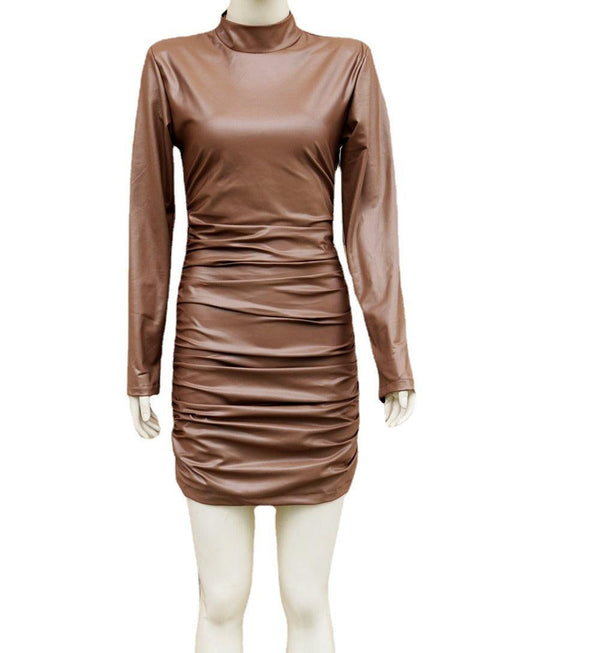 Women's Clothes Faux Leather Long Sleeve Stand Collar Skinny Sheath Sexy Nightclub Dress - Amazitshop