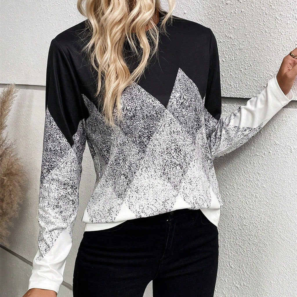 Women's Clothing Digital Positioning Printing Round Neck Long Sleeve Top Female - Amazitshop