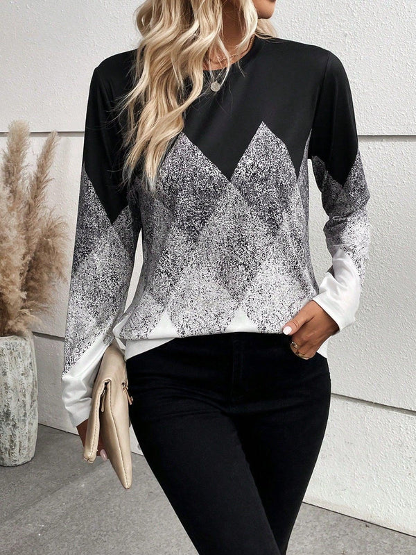 Women's Clothing Digital Positioning Printing Round Neck Long Sleeve Top Female - Amazitshop