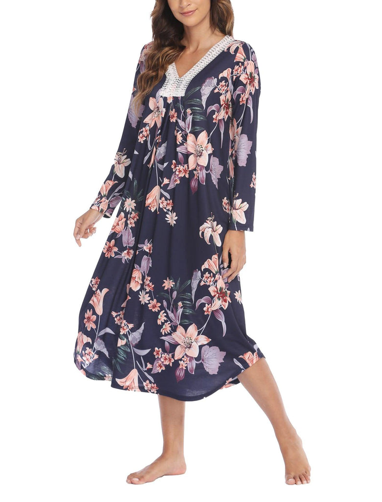 Women's Clothing Dress Printed Lace V - neck Patchwork Long Sleeve Nightdress - Amazitshop
