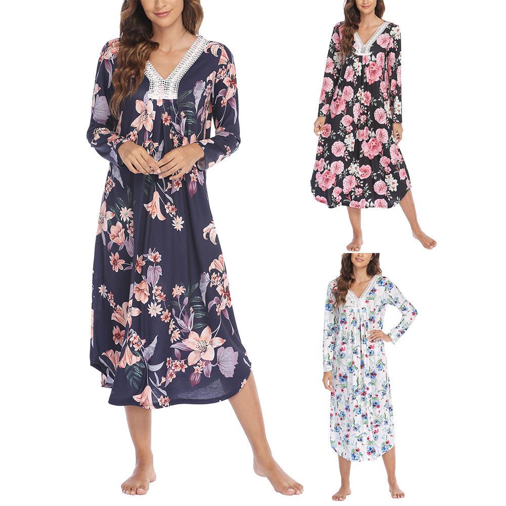 Women's Clothing Dress Printed Lace V - neck Patchwork Long Sleeve Nightdress - Amazitshop
