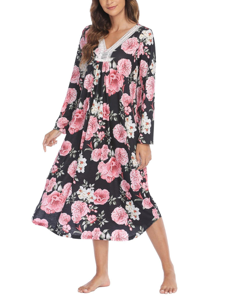Women's Clothing Dress Printed Lace V - neck Patchwork Long Sleeve Nightdress - Amazitshop