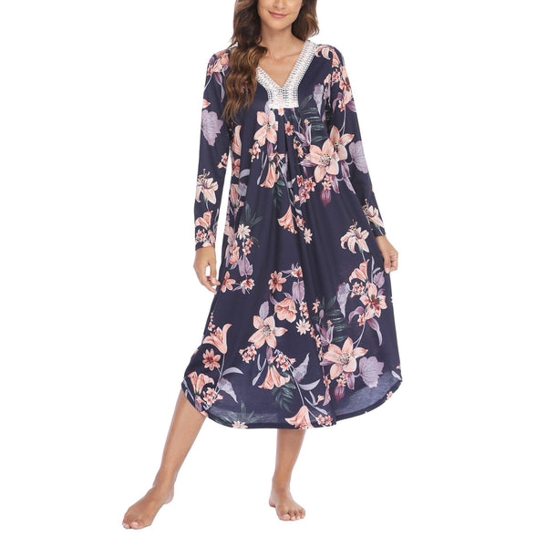 Women's Clothing Dress Printed Lace V - neck Patchwork Long Sleeve Nightdress - Amazitshop