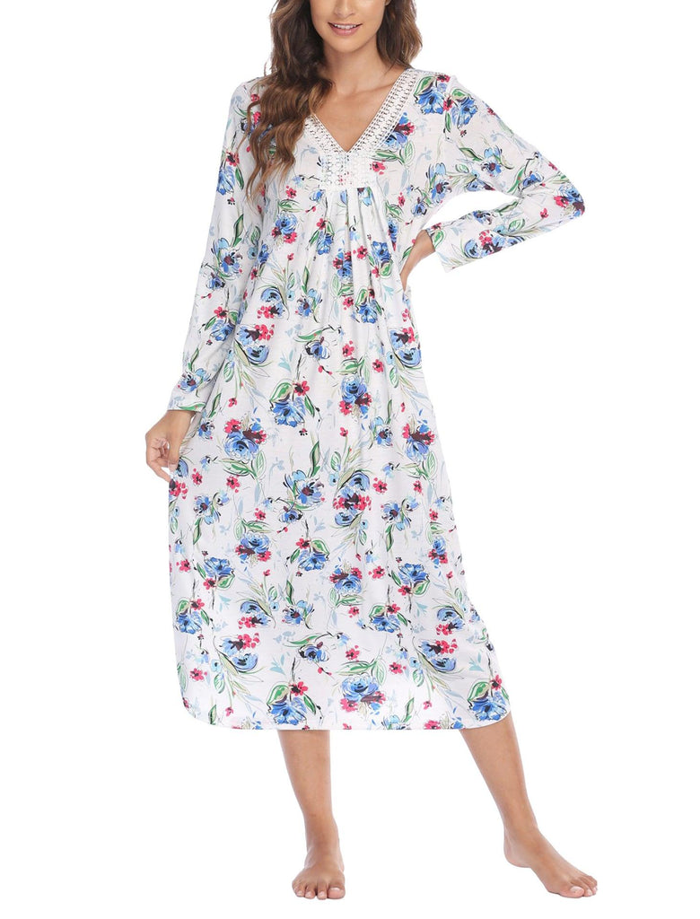 Women's Clothing Dress Printed Lace V - neck Patchwork Long Sleeve Nightdress - Amazitshop