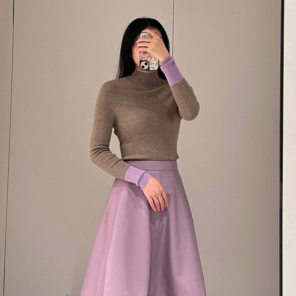 Women's Contrasting Color Cuff Wool Base Shirt Slim Stretch Sweater - Amazitshop