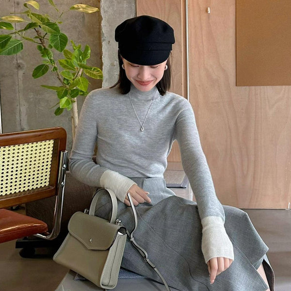 Women's Contrasting Color Cuff Wool Base Shirt Slim Stretch Sweater - Amazitshop