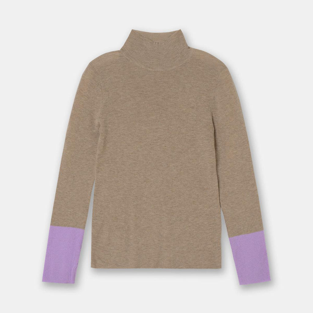 Women's Contrasting Color Cuff Wool Base Shirt Slim Stretch Sweater - Amazitshop