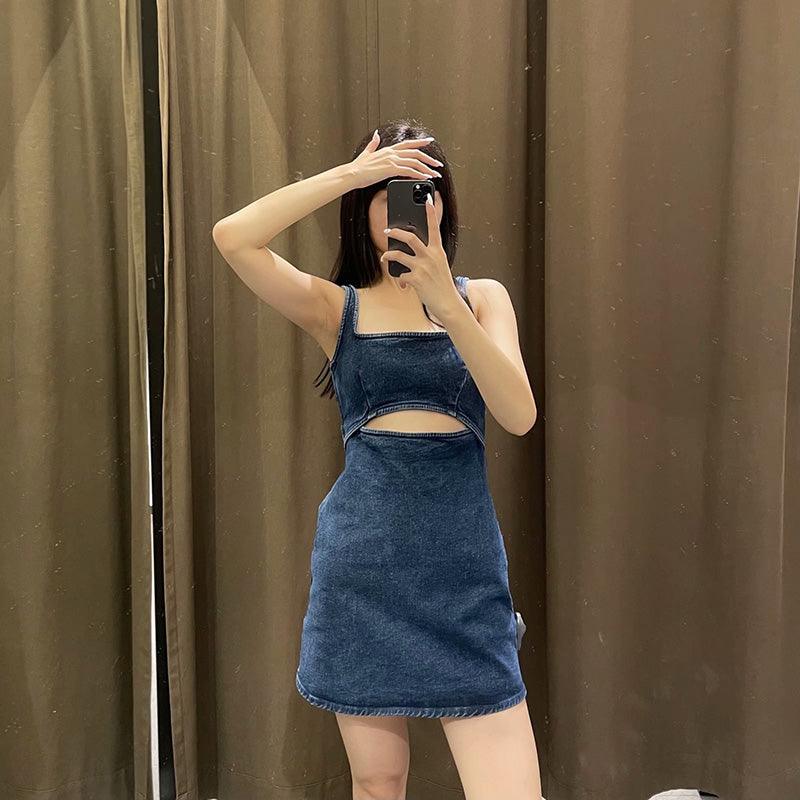 Women's Cutout Design Slim Denim Dress - Amazitshop