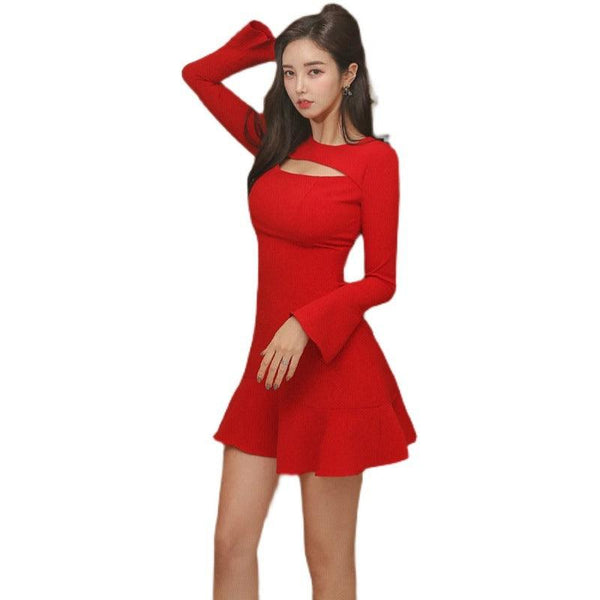 Women's Cutout Flared Sleeve Slim Fit Ruffle Dress - Amazitshop
