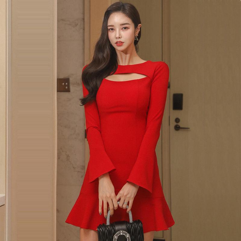 Women's Cutout Flared Sleeve Slim Fit Ruffle Dress - Amazitshop