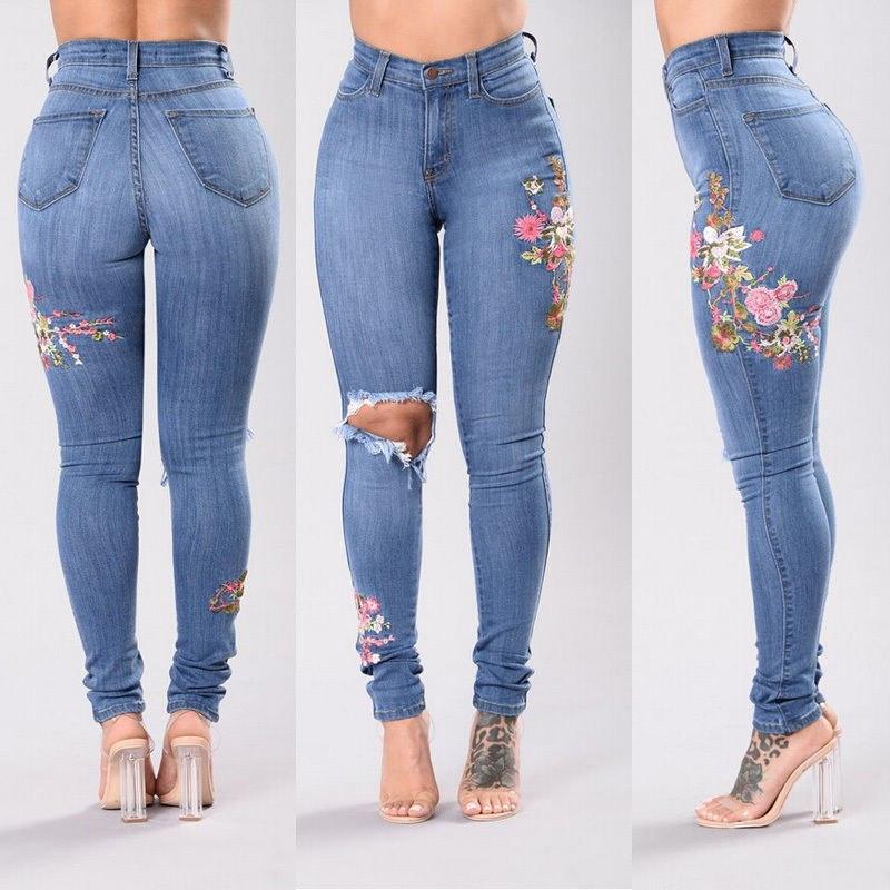 Women's denim pants embroidered jeans trousers - Amazitshop
