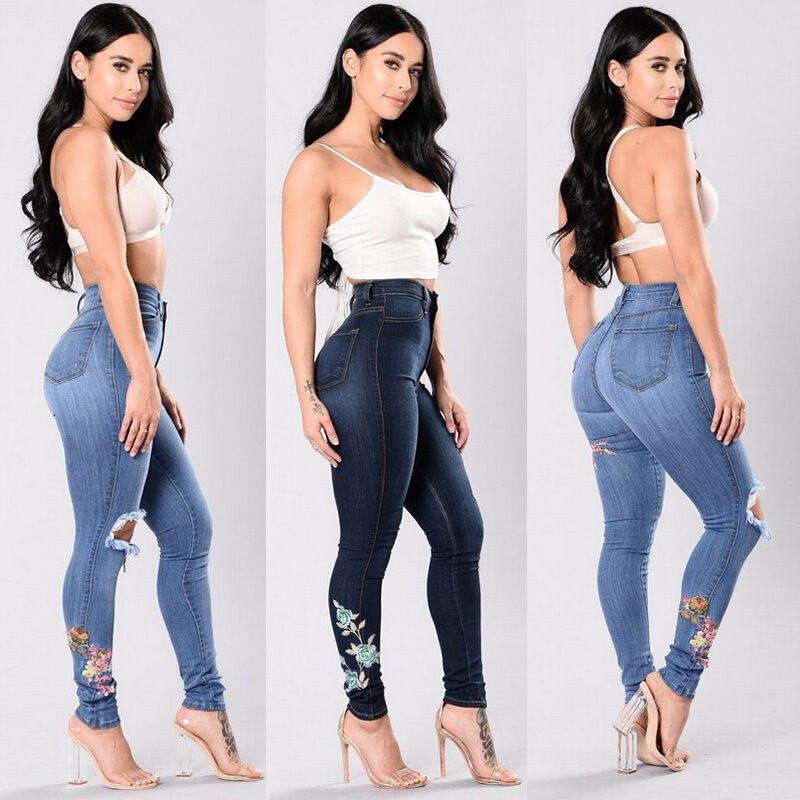 Women's denim pants embroidered jeans trousers - Amazitshop