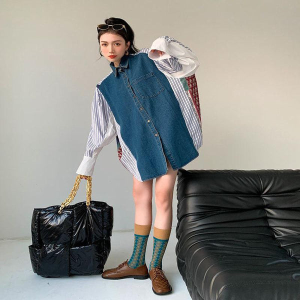 Women's Denim Patchwork Pattern Shirt Dress Loose Korean Style - Amazitshop