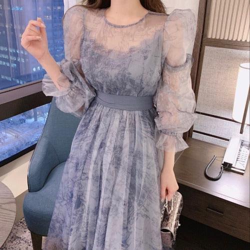 Women's Elegance Retro Puff Sleeve Long Sleeve Dress - Amazitshop