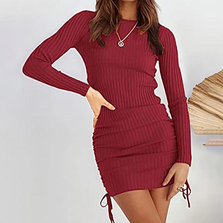 Women's Fall And Winter Fashion Casual Pleated Decorative Drawstring Knit Mid - waist Long - sleeved Dresses - Amazitshop