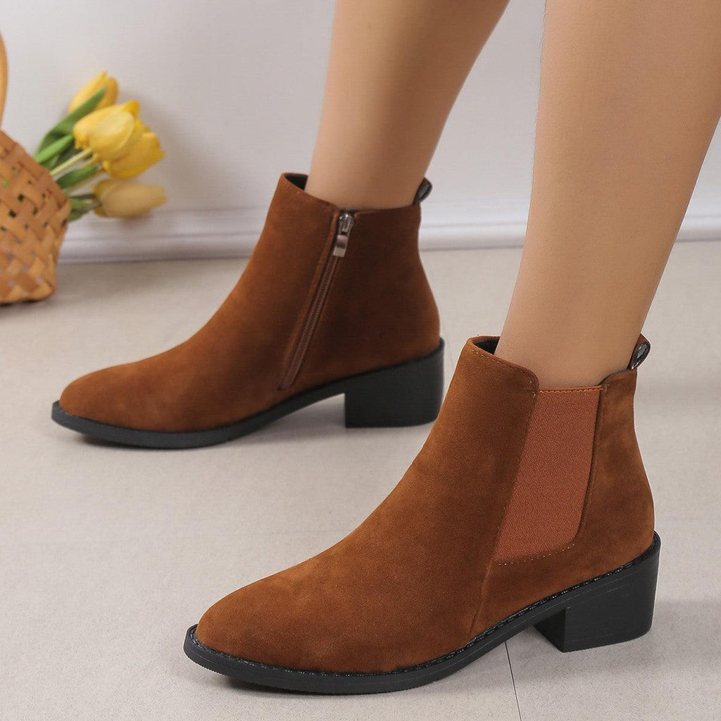 Women's Fashion Ankle Boots With Side Zipper Chunky Heel Boots Slip On Comfortable Solid Color Shoes - Amazitshop