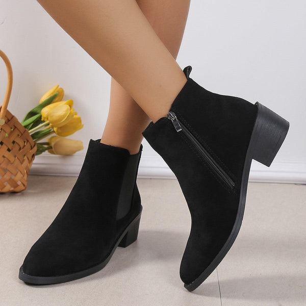Women's Fashion Ankle Boots With Side Zipper Chunky Heel Boots Slip On Comfortable Solid Color Shoes - Amazitshop