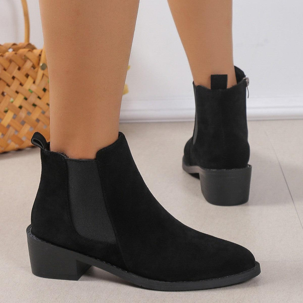 Women's Fashion Ankle Boots With Side Zipper Chunky Heel Boots Slip On Comfortable Solid Color Shoes - Amazitshop