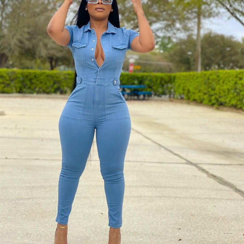 Women's Fashion Casual Denim Slim Fit Bodysuit - Amazitshop