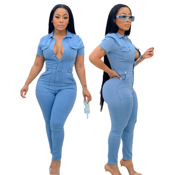 Women's Fashion Casual Denim Slim Fit Bodysuit - Amazitshop