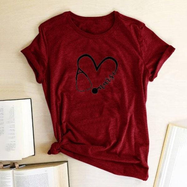 Women's Fashion Heart Graphic Print Short Sleeve T-Shirt - Amazitshop