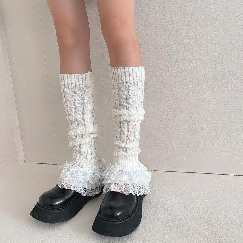 Women's Fashion Multi - layer Lace Twist Stripes Knitted Leg Warmers - Amazitshop