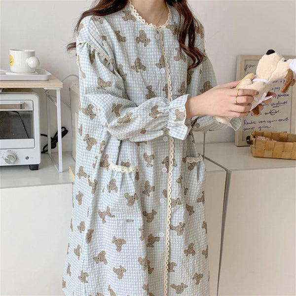 Women's Fashion Plaid Long Sleeve Nightgown - Amazitshop