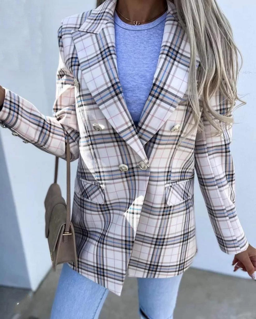 Women's Fashion Print Plaid Blazer - Amazitshop