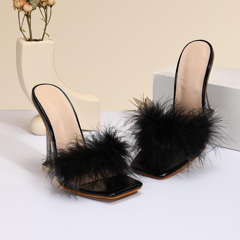 Women's Fashion Shoes Furry Transparent Broadband Crystal Heel Stiletto Heel Sandals - Amazitshop