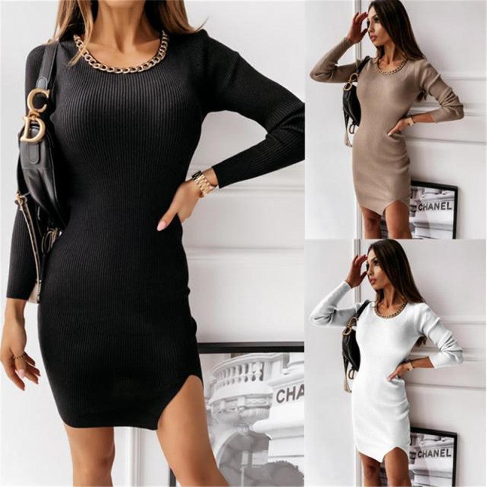 Women's Fashion Simple Round Neck Chain Decoration Long Sleeve Dress - Amazitshop