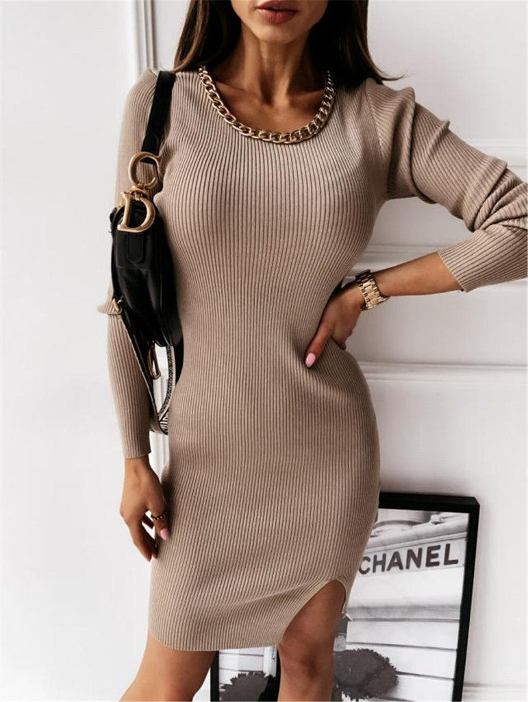 Women's Fashion Simple Round Neck Chain Decoration Long Sleeve Dress - Amazitshop