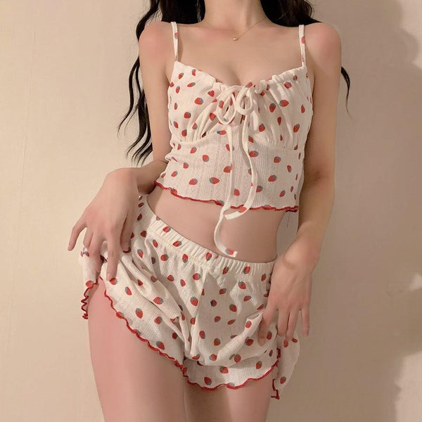 Women's Fashion Simple Strawberry Print Halter Pajamas Loungewear Shorts Set - Amazitshop