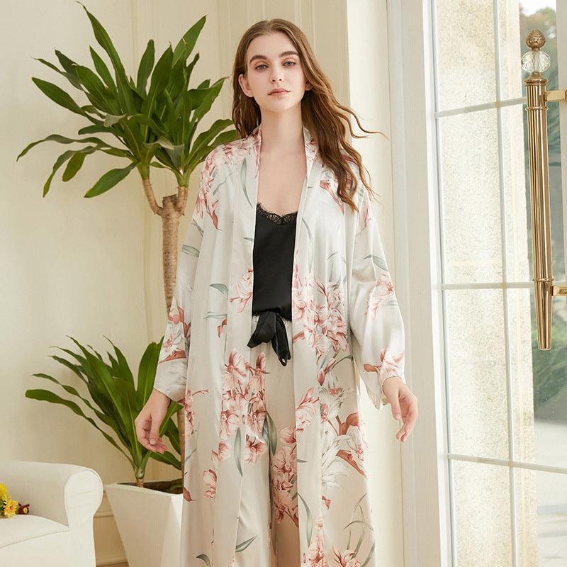Women's Fashion Sling Print Pajamas Mid Length Belted Loungewear Three Piece Set - Amazitshop