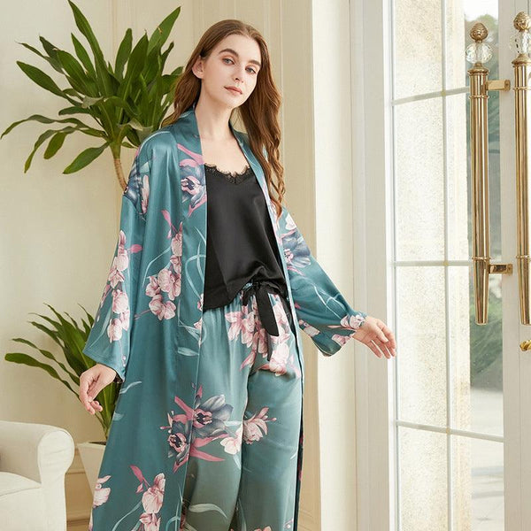 Women's Fashion Sling Print Pajamas Mid Length Belted Loungewear Three Piece Set - Amazitshop