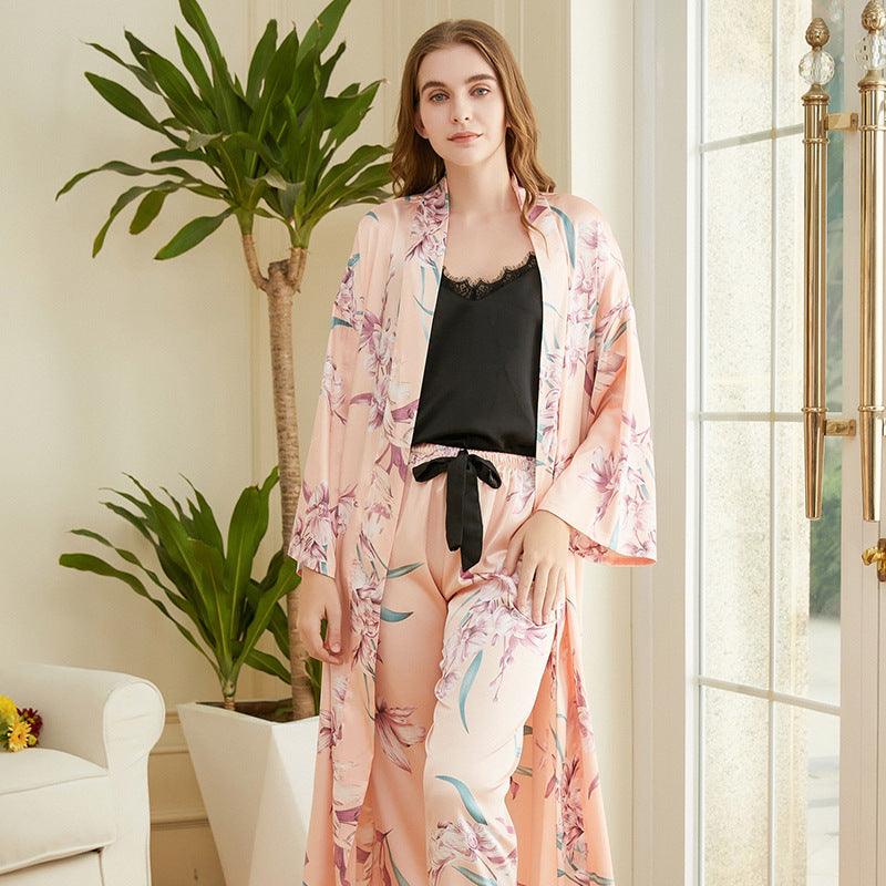Women's Fashion Sling Print Pajamas Mid Length Belted Loungewear Three Piece Set - Amazitshop