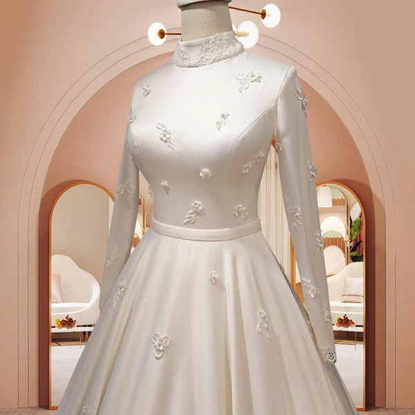 Women's Fashion Temperament Satin Stand - up Collar Long - sleeved Wedding Dresses - Amazitshop