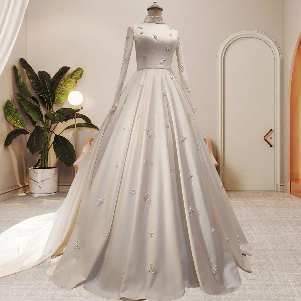 Women's Fashion Temperament Satin Stand - up Collar Long - sleeved Wedding Dresses - Amazitshop
