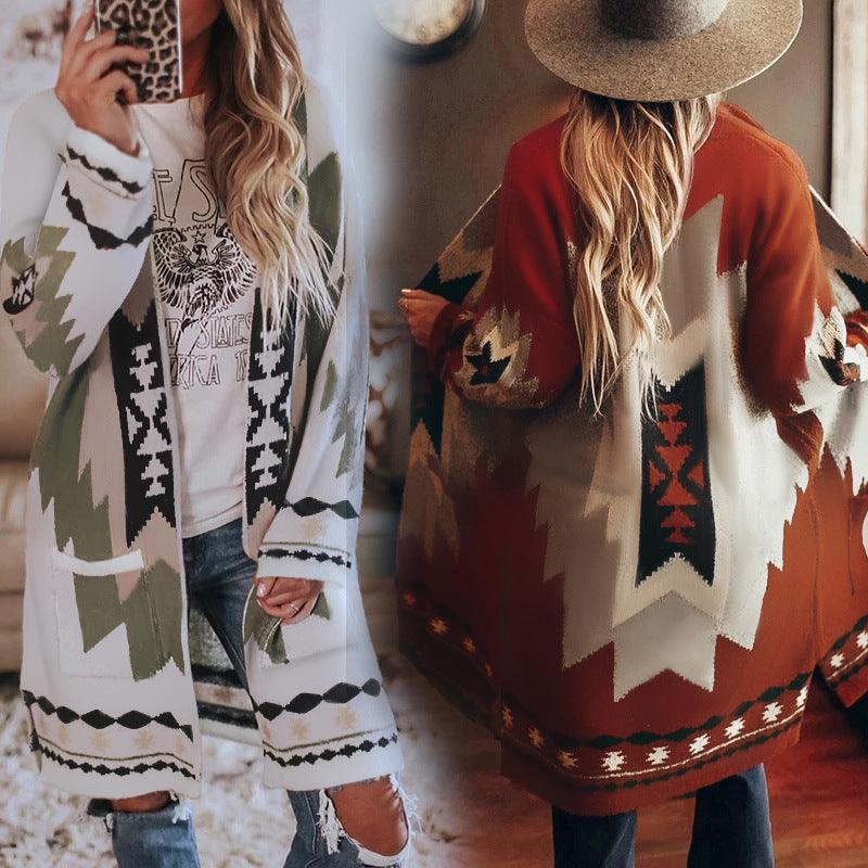 Women's Fashion Winter Vintage Tribal Knitted Cardigan Sweater Coat Blouse Top Women Solid Elastic Long Sleeve Knitted Cardigans - Amazitshop