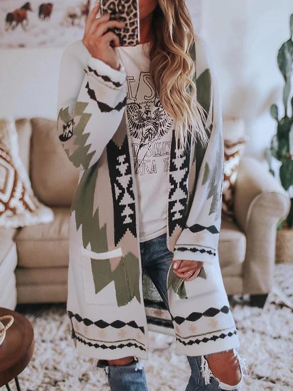 Women's Fashion Winter Vintage Tribal Knitted Cardigan Sweater Coat Blouse Top Women Solid Elastic Long Sleeve Knitted Cardigans - Amazitshop