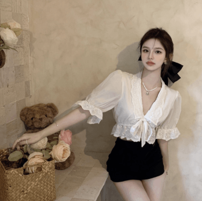 Women's French V Neck Ruffle Short Sleeve Shirt - Amazitshop