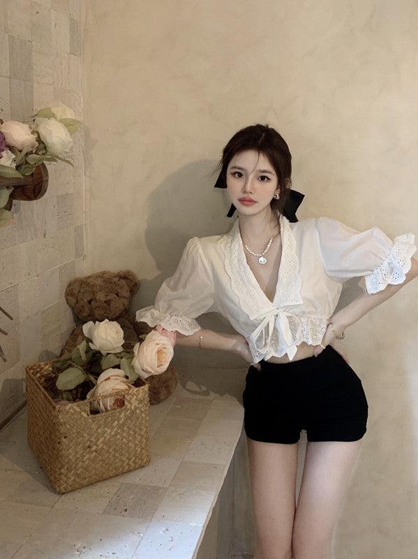 Women's French V Neck Ruffle Short Sleeve Shirt - Amazitshop