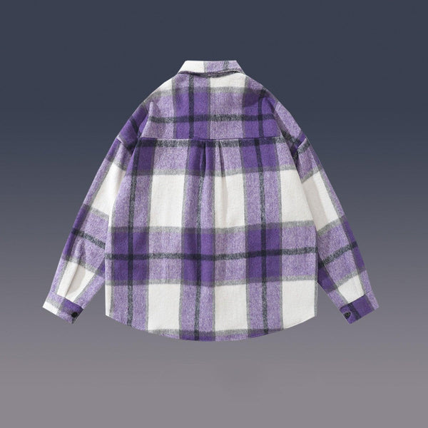Women's Hem Shirt Woolen Plaid Print - Amazitshop