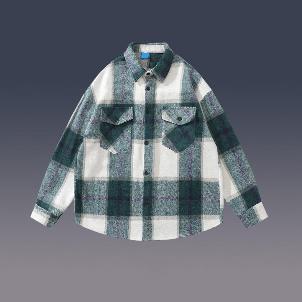 Women's Hem Shirt Woolen Plaid Print - Amazitshop