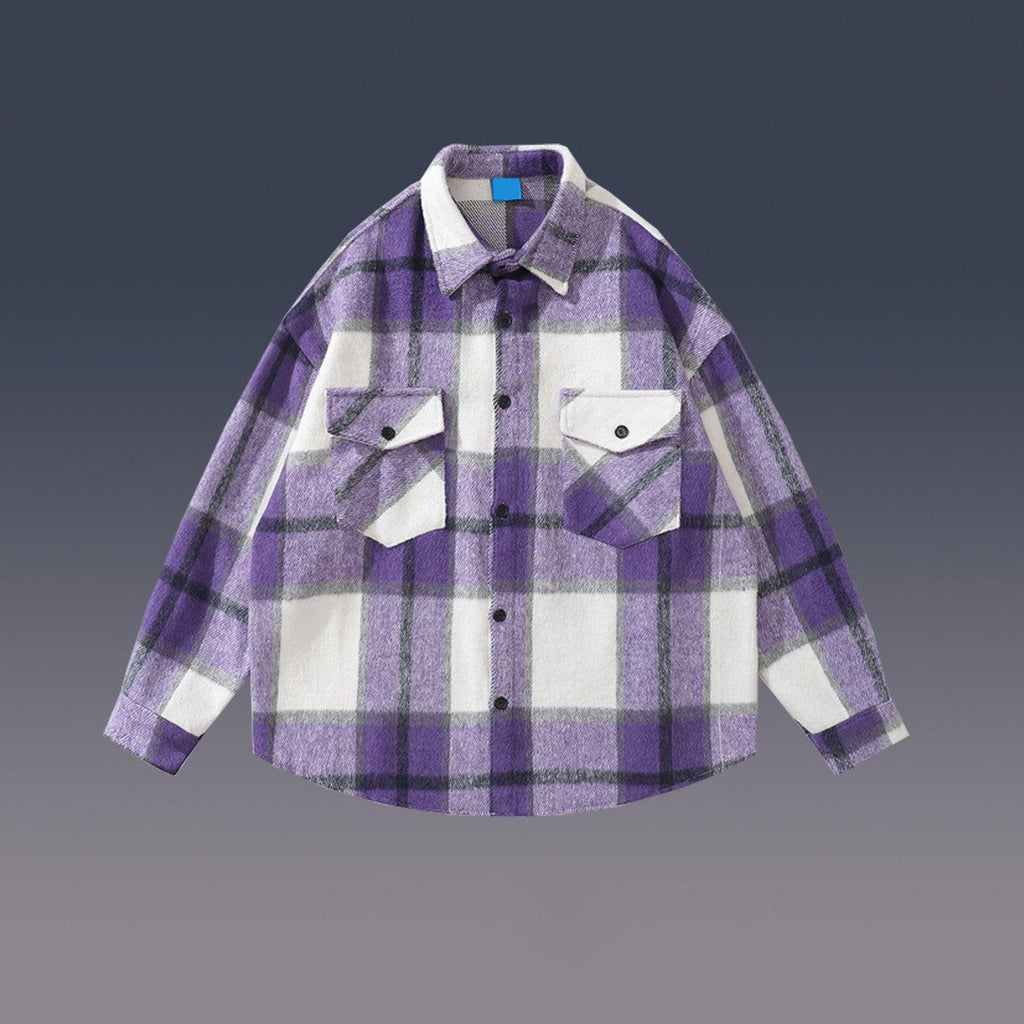 Women's Hem Shirt Woolen Plaid Print - Amazitshop