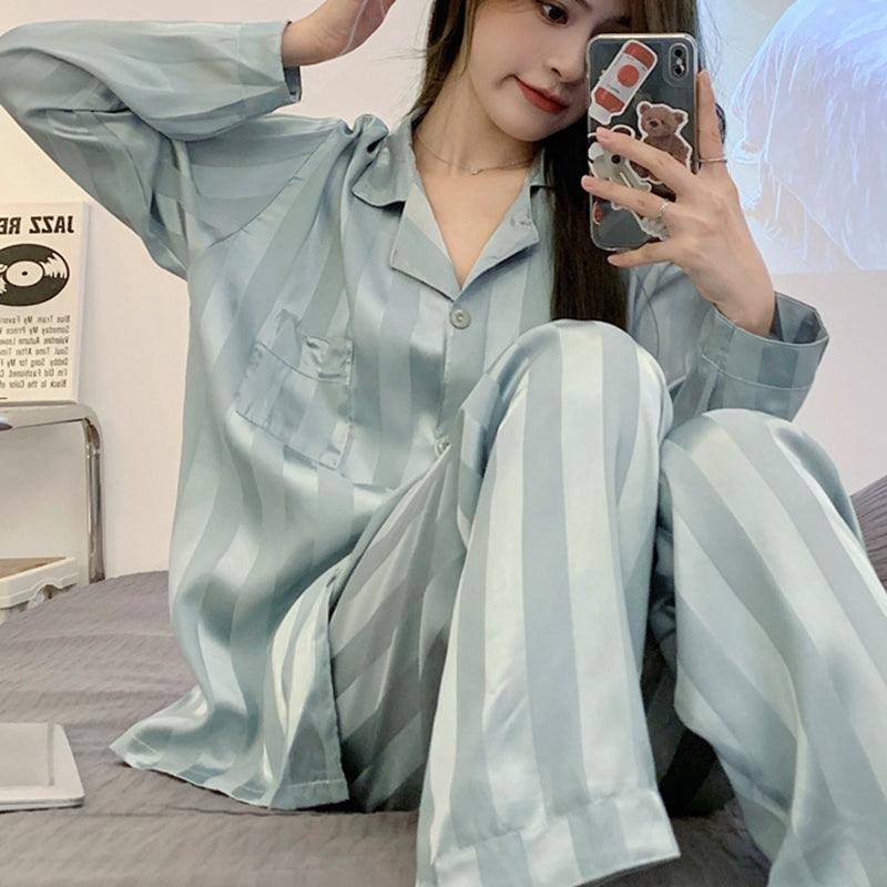 Women's Ice Silk Long Sleeve Home Pajama Set - Amazitshop